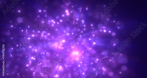 Abstract purple energy particles and dots glowing flying sparks festive with bokeh effect and blur background