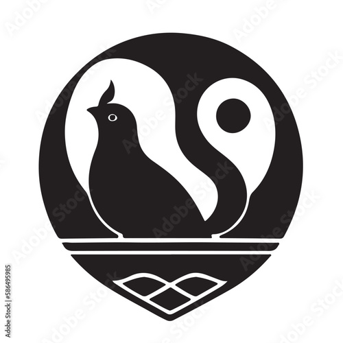 Quail  with yin and yang elements stylized as a logo. Also good for tattoo. Editable vector monochrome image with high details isolated on white background