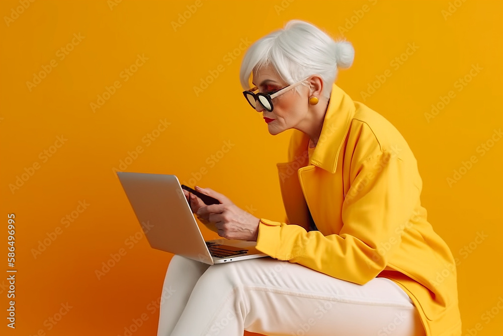 Stylish senior woman with laptop computer on yellow background, created with Generative AI Technology