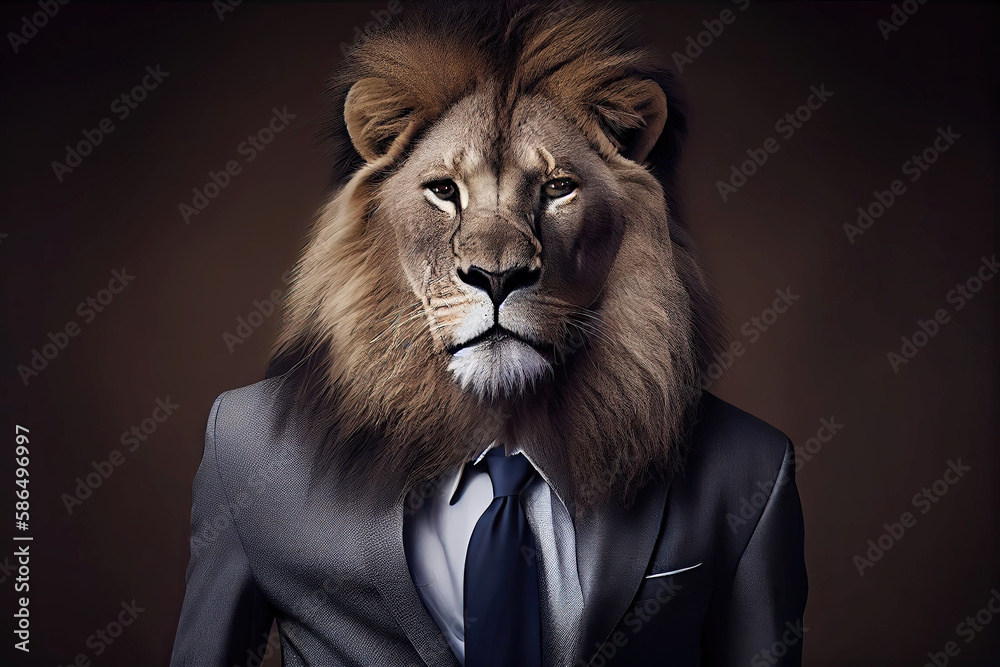 Animal studio portrait of male lion wearing a business suit (Generative ...