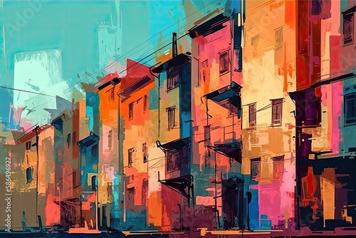 cityscape featuring a row of colorful buildings. Generative AI © AkuAku