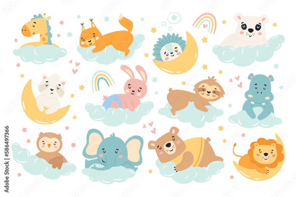 Cute animals on clouds and moons flat illustrations set. Sleepy giraffe, fox, rabbit, hippo, sloth, owl