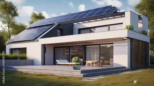 photovoltaic solar panels in modern house roof. sustainable energy concept. Generative AI.