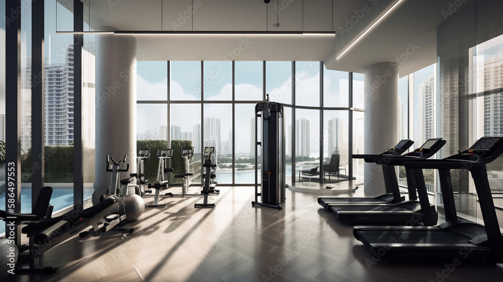 Modern gym interior with various equipment. Generative AI.