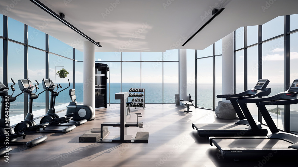 Modern gym interior with various equipment. Generative AI.