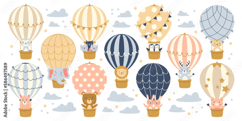 Naklejka premium Cute animals in balloons flat illustrations set. Funny tiger, elephant, bear, lion, deer, lama inside flying ball