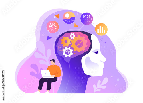 Artificial Intelligence concept. Vector cartoon illustration in a flat style of a robot head in profile generates various tasks, which is controlled by a person from a laptop. Isolated on background