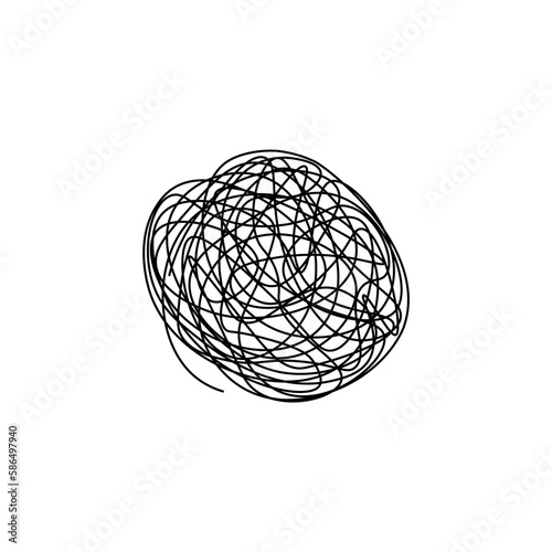 Hand drawn tangled lines. Chaotic scribble. Vector, isolated on white background. Black one line.