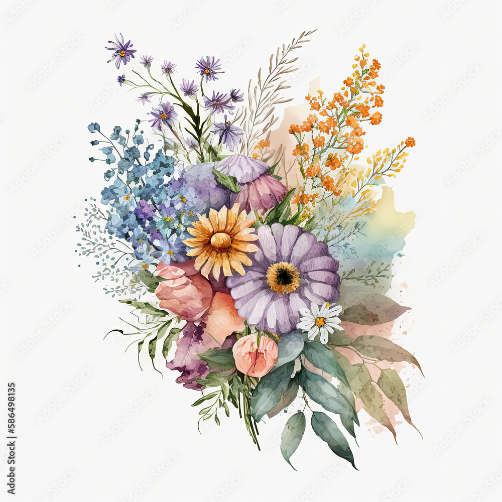 Watercolor pastel colorful flowers bouquet isolated on white background. Wedding invitation. Ai generated