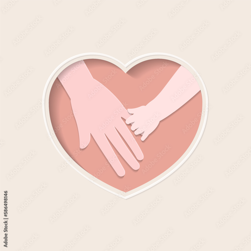 Hand of baby holding mother's little finger in heart shaped paper cutting art 