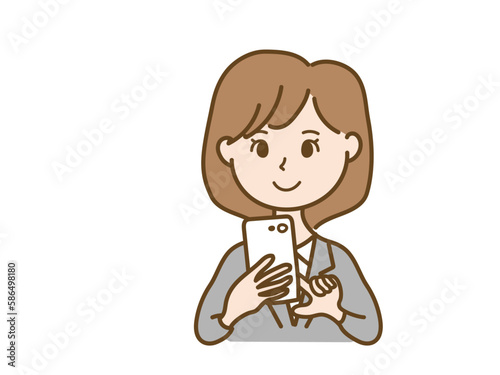 スマホ画面をタップするスーツ女性会社員_操作入力_自撮りsns_カラー