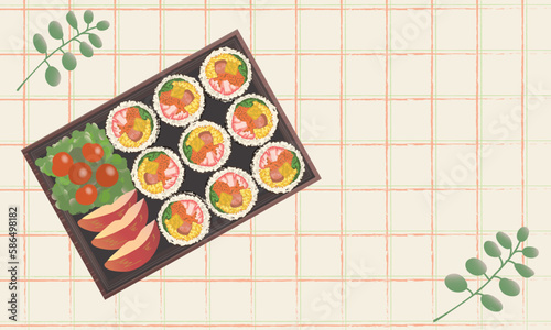 한국 음식 도시락 소풍 김밥 채소 일러스트 벡터, Korean food lunch box picnic gimbap vegetables illustration vector