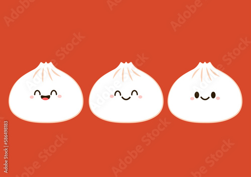 Cute Dim sum character, traditional Chinese dumplings, with funny smiling faces. Kawaii Asian food vector.