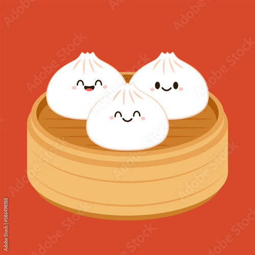 Cute Dim sum character, traditional Chinese dumplings, with funny smiling faces. Kawaii Asian food vector.