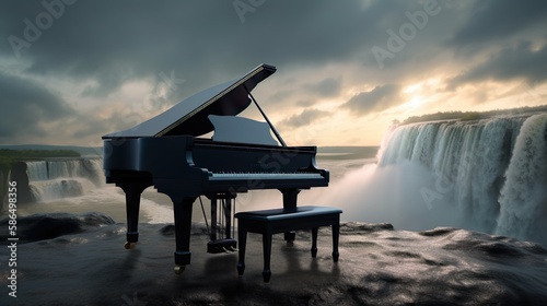 grand piano and waterfall