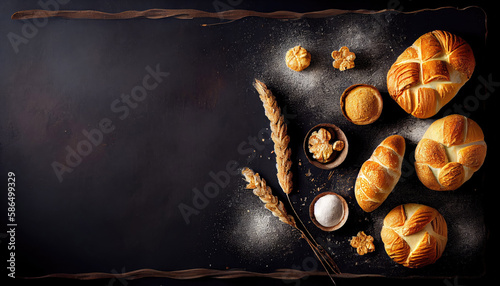 Bakery - gold rustic crusty loaves of bread and buns on black chalkboard background with Generative AI Technology