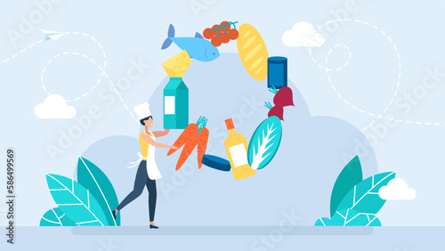 Chef cook is juggling with different fruits, vegetables and ingredients. Woman cooking juggling vegetables. Young woman preparing a healthy meal with traditional recipe. Flat vector illustration