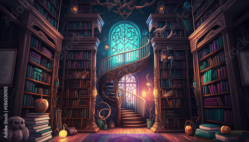 Colorful library of magic. Generative Ai.