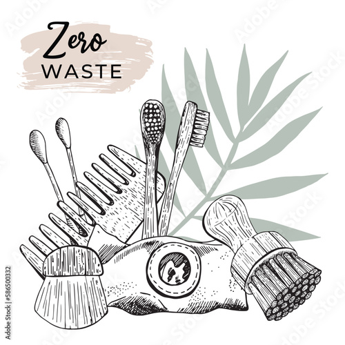 Zero waste bathroom accessories set: wooden comb, jute washcloth, bamboo toothbrush, organic soap, pumice, lipstick, loofah, Reusable eco-friendly hygiene items. Hand drawn sketch