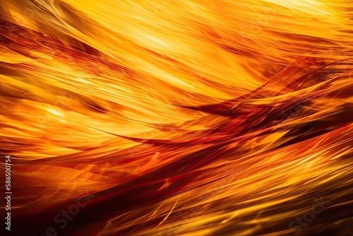 close-up view of a blazing fire with yellow and red flames. Generative AI