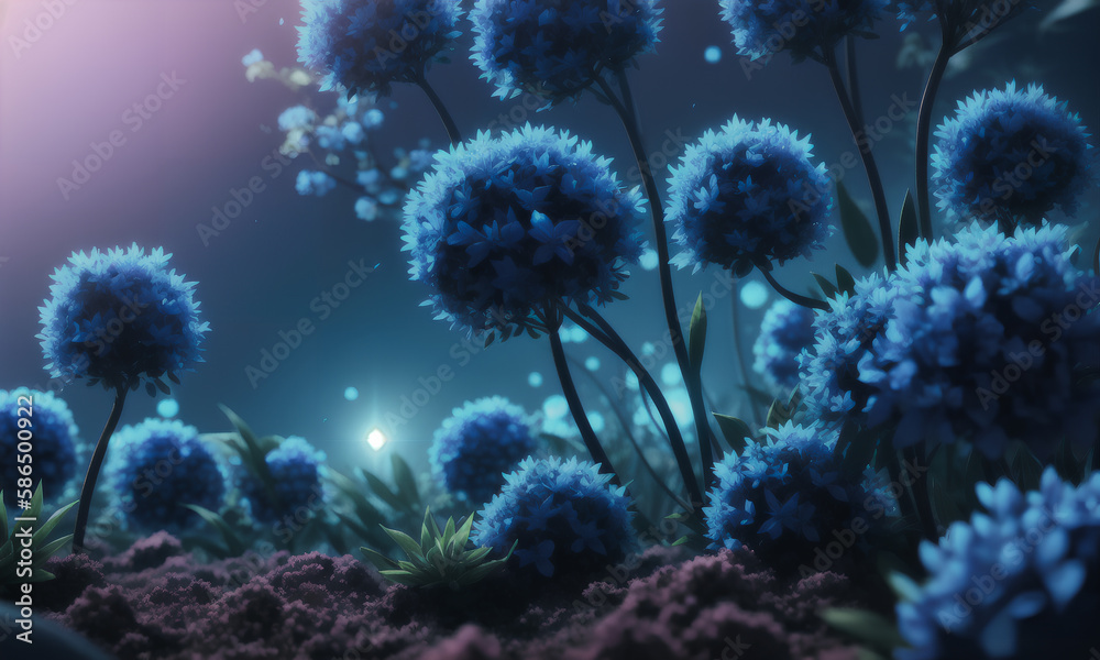 Obraz premium Purple flowers in the midst of a dark forest. Dark and gloomy. Fear. Deep depth of field. Generative AI