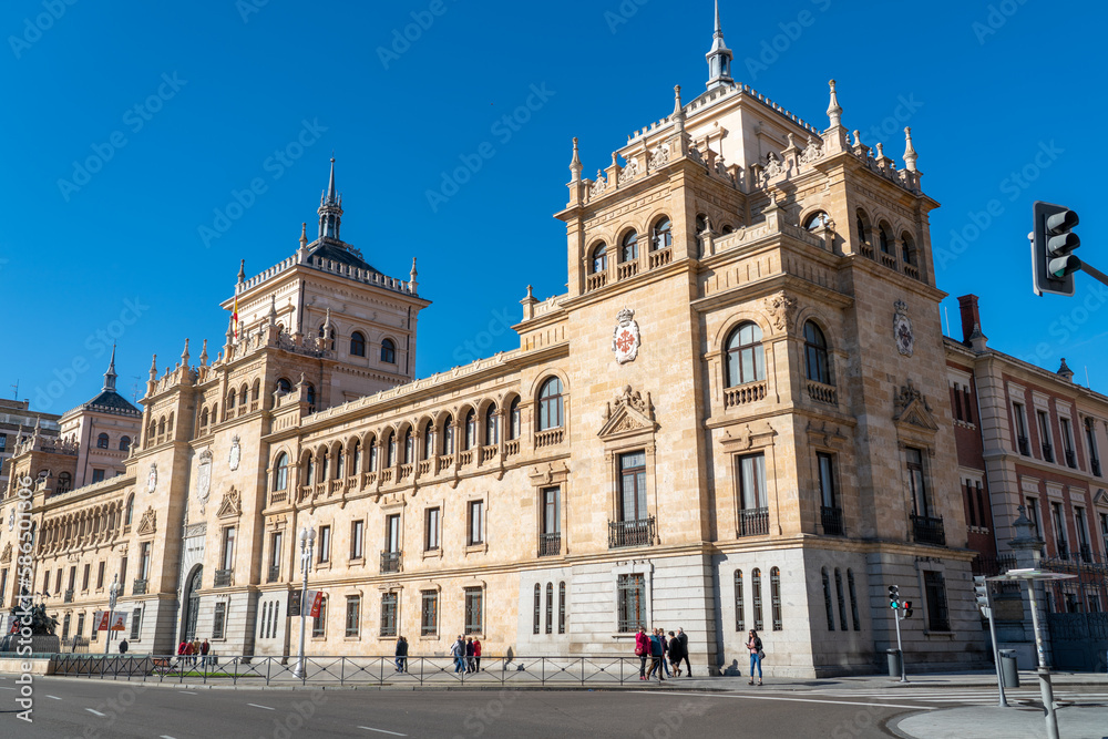 Valladolid, Spain - November 12 2022: Cavalry Academy building in the center of Valladolid city. Plaza de Zorrilla Square in front of the building. Beautiful architecture.