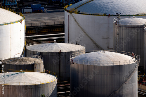 aerial view of industrial liquid tanks photo