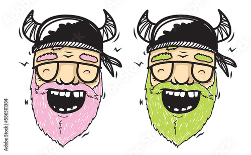 Laughing biker in viking helmet with pink and green beard photo