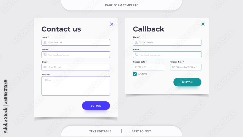 Contact us and Callback page form template. Feedback form, popup form. Website UI concept.