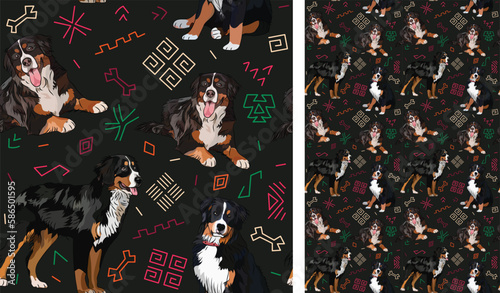 Abstract ethnic pattern with Bernese Mountain, black history month, juneteenth seamless pattern with hand-drawn lines and colorful shapes in traditional African style. Summer seamless pattern with dog