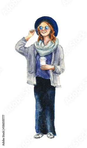 Watercolor drawing beautiful fair hear woman in hat with cup in hand (ID: 586501777)