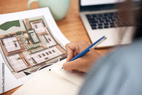 Architecture blueprint, notebook hands writing and woman working on real estate and construction plan. Engineering, building industry and property development strategy with a female with notes