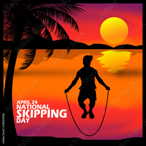 A person exercising jump rope at sunset with a view of mountains, palm trees and bold text to commemorate National Skipping Day on April 24