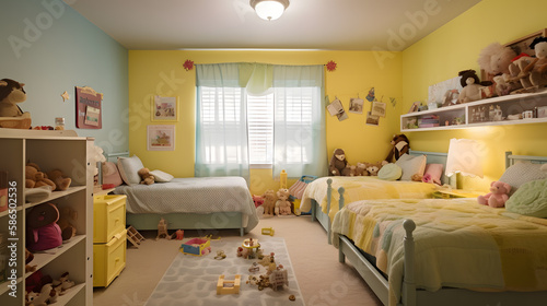children's bedroom, yellow room with childrens bed, toys, generative AI, nursery, baby room