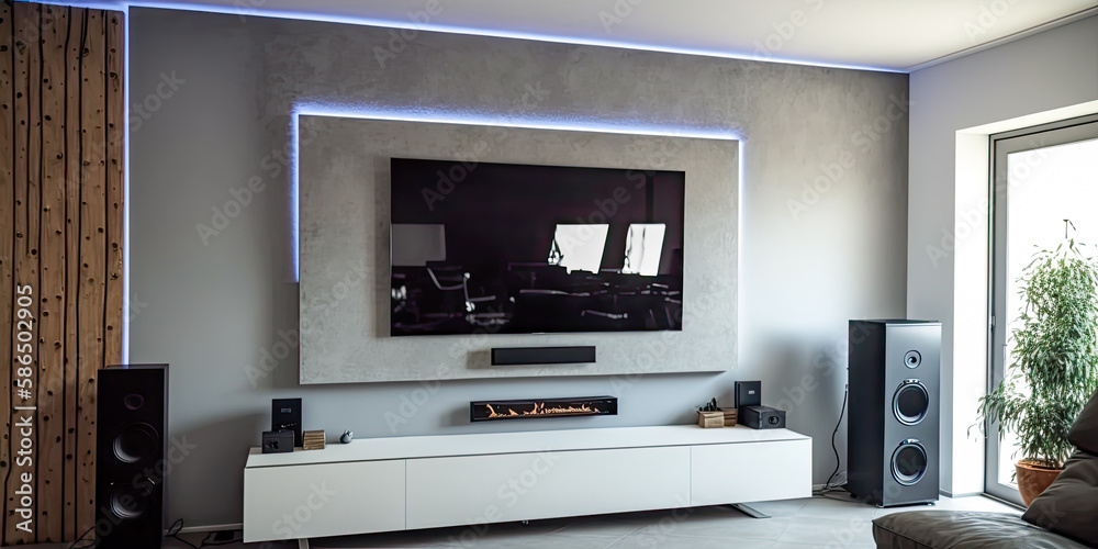 Fototapeta premium TV living room with cement wall and wall-mounted fireplace - Generative AI