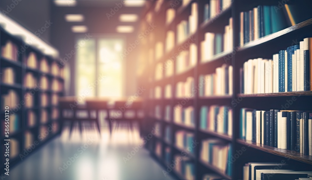 Blurred classroom with bookshelves based on defocussed effect.  Abstract blurred empty university library interior space. Use for background or backdrop in bookstore business or education concepts