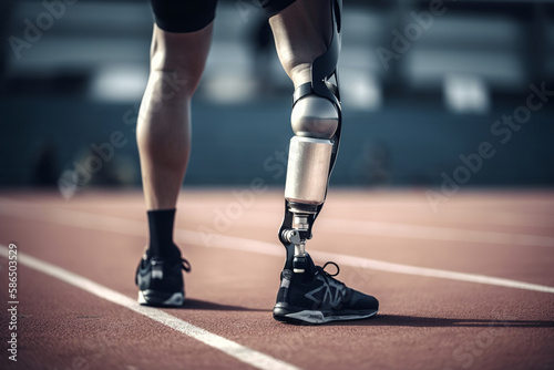 Athlete with prosthetic leg, disabled person with an artificial leg at training session in an outdoor stadium. Close-up, rear view, low angle view. Generative AI