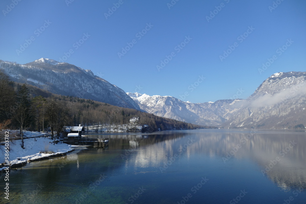 Sunny winter day in lake Bohinj