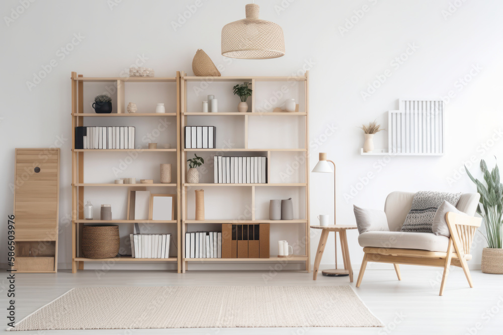 scandinavian bookcase with armchair in modern cozy interior of room ... - Cozy Penthouse Library Design Featuring Built-In Scandinavian Bookshelves