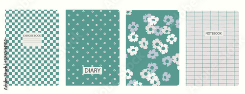 Set of cover page templates based on grid seamless patterns, spiral lines, flower pattern. Plaid backgrounds for school notebooks, diaries. Headers isolated and replaceable