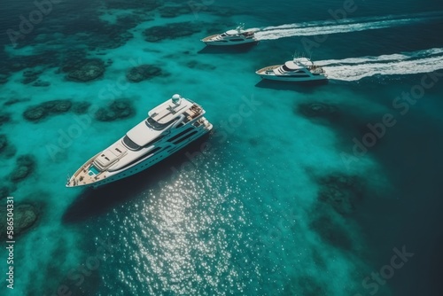 Aerial view of luxury yachts in turquoise water, Generative AI