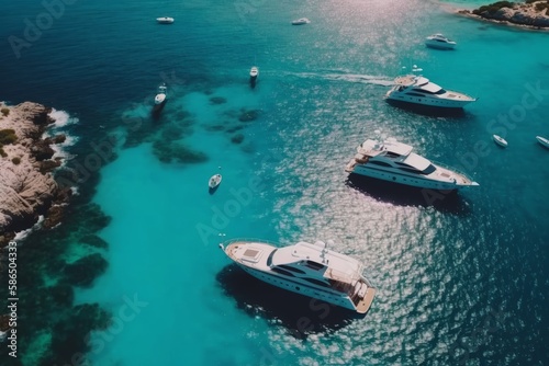 Aerial view of luxury yachts and boats in beautiful bay, Generative AI © LAYHONG