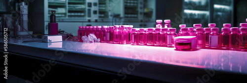 Bottle with pills on the background of the pharmacy laboratory. Banner panorama background, medical science technology research work