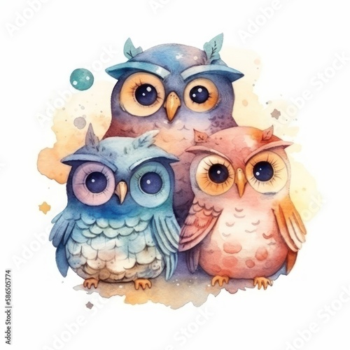 Cute cartoon owls baby watercolor. kawaii. digital art. concept art. isolated on a white background. Beautiful cute baby animals on a white background for nursery poster decoration. Design for a child