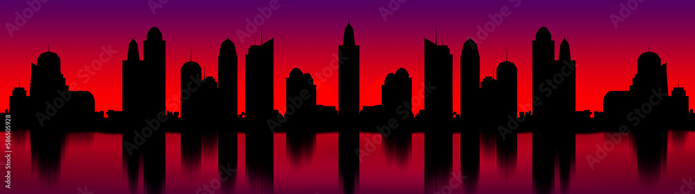 Digital illustration of a panoramic view of  the city with silhouettes of the buildings reflected in the water and red sky