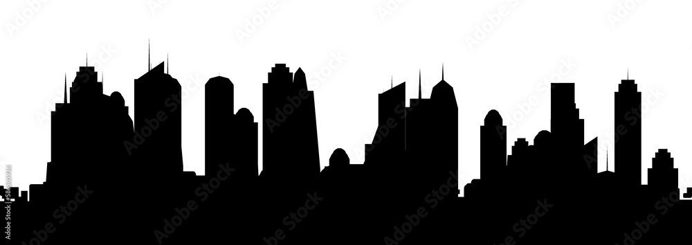 Digital illustration of a panoramic view of  the city with silhouettes of the buildings