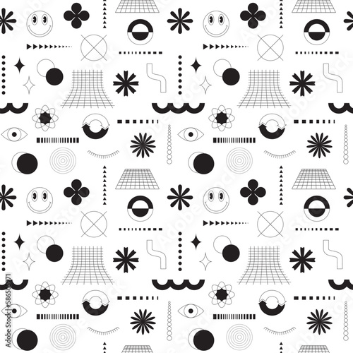 Black and white seamless pattern with abstract geometric, bold, linear shapes. grid, smiling face, flowers. Brutalism, retro futurism style inspired. For web design, covers, textile. Vector background