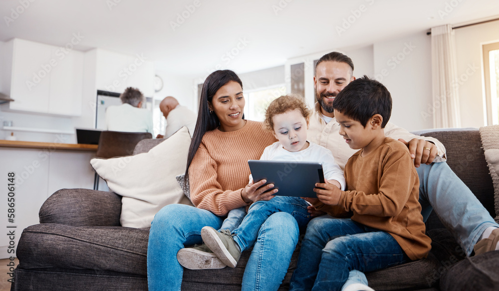 Bonding, tablet and happy with family on sofa in relax streaming and playing education games. Technology, internet and connection for parents and children browsing online at home for social media app