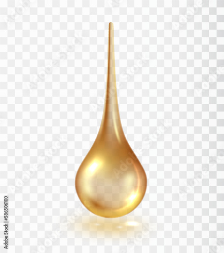 Drop of transparent golden cosmetic liquid. Oil yellow shapes isolated on transparent background. Cosmetic spa droplet.