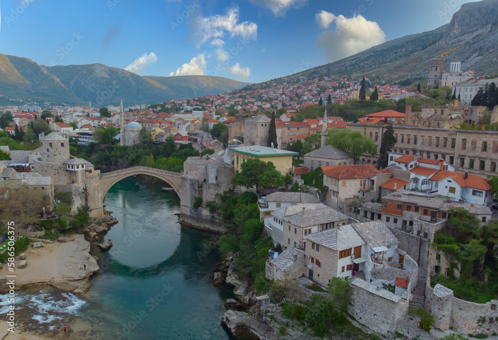 The old bridge and river in city of Mostar